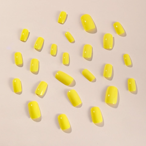 Neon Gele Press On Nagels Glanzend Vierkant Middellange Afneembare Kunstnagels Volledige Dekking Voor Dames