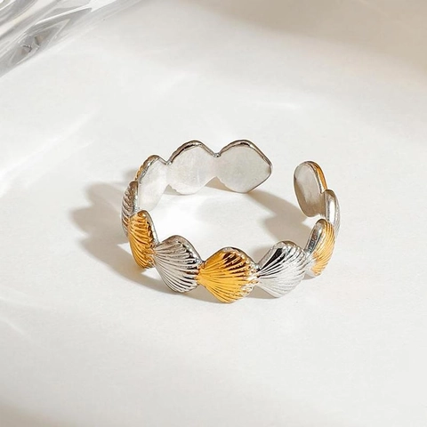 Gold Silver Toned Scallop Shell Open Ring Stainless Steel Adjustable Plated Boho Beach Jewelry For Women Waterproof