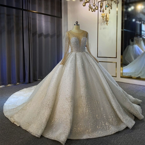 Elegantes Weißes Hochzeitskleid Aus Spitze Und Pailletten Langarm Illusion-Ausschnitt Künstliche Perlenstickerei Brautkleid Mit Schleppe