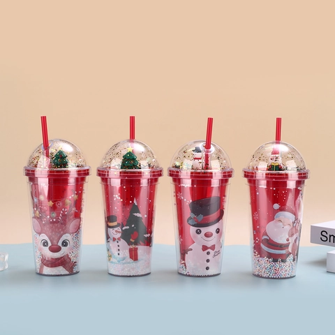 Christmas Double Layer Plastic Straw Cup Cartoon Santa Snowman 3D Lid Portable Reusable Holiday Gift Tumbler
