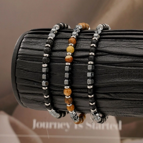 Men Beaded Bracelet Natural Picture Jasper Lava Stone Agate Hematite Stainless Steel Adjustable Minimalist Retro Jewelry