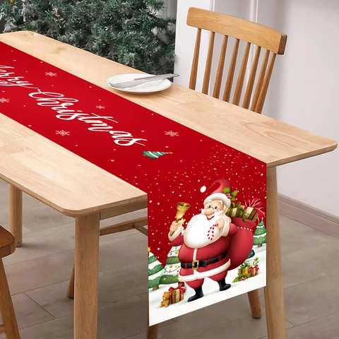Christmas Table Runner Red Polyester Santa Claus Merry Christmas Print Cartoon Festive Dinner Party Home Decoration