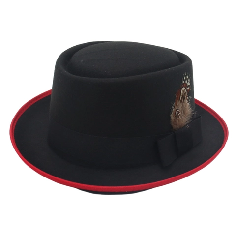 Cappello Pork Pie Stile Britannico Tessitura Feltro Lana Bordo Rosso Fiocco Nastro Piuma Retro Jazz Fedora Per Uomo Donna