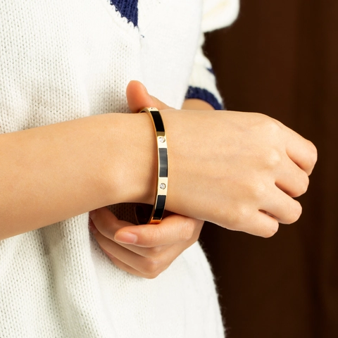Minimalist Stainless Steel Open Bangle For Women Zirconia Enamel Inlay Polished C Shape Cuff Bracelet Fashion Jewelry