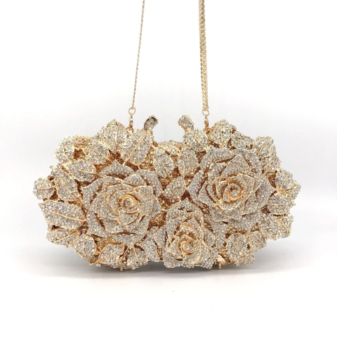 Luxury Rose Flower Evening Clutch Bag For Women Rhinestone Encrusted Alloy Metal Crystal Party Wedding Banquet Handbag