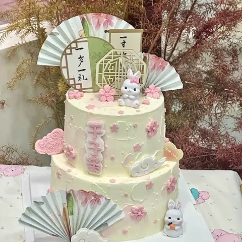 Resin Rabbit Figurines Paper Fans Cake Topper Chinese Style Traditional Birthday Decoration Cloud Cherry Blossom Insert