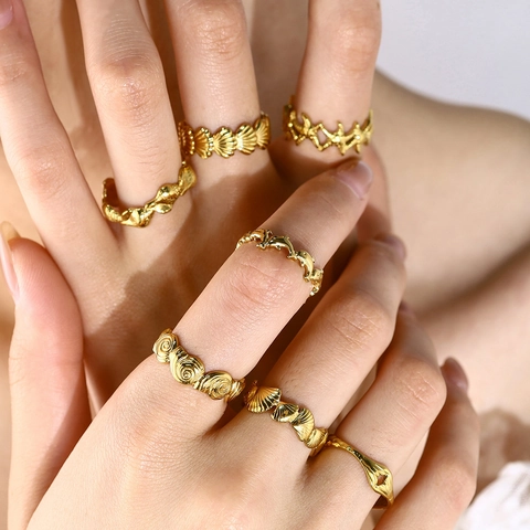 Stainless Steel Ocean Style Starfish Shell Flower Open Ring For Women Adjustable Gold Silver Plated Summer Beach Jewelry Finger Ring
