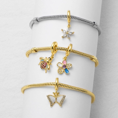 Snake Chain Charm Bracelet Copper 18K Gold Plated Butterfly Bee Star Pendant Shell Cubic Zirconia Jewelry For Women