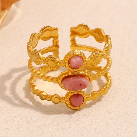 Vintage Three Layer Open Ring 18K Gold Plated Stainless Steel With Pink Stones French Style Adjustable For Women
