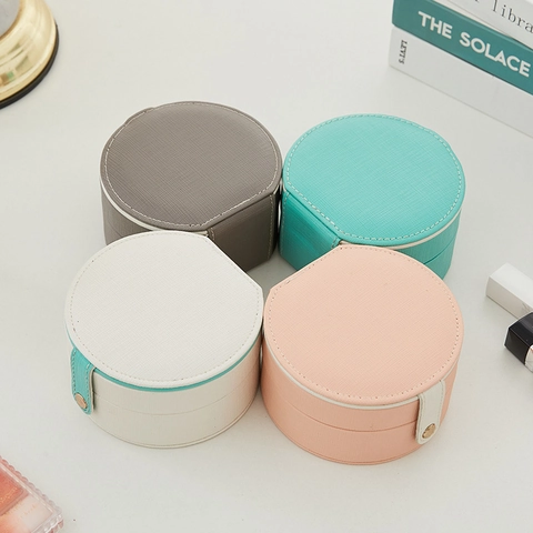 Portable Jewelry Box Round Double Layer PU Leather Travel Organizer Storage With Mirror Snap Closure Elegant Simple