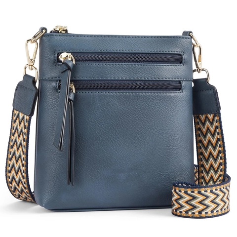 Women PU Leather Crossbody Bag Multi Zipper Pockets Wide Geometric Strap Retro Bohemian Tassel Shoulder Messenger