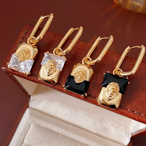 Vintage Gold Plated Copper Earrings With Lion Head Relief Rectangular Zircon And Silver Earring Post