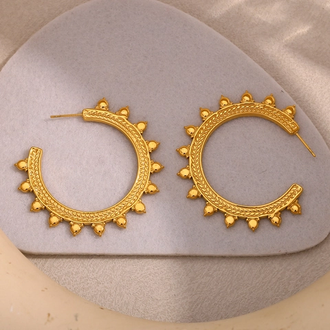 Retro Bohemian C Shaped Hoop Earrings 18K Gold Plated Stainless Steel Wheat Ear Texture Beaded Edge Vintage For Women