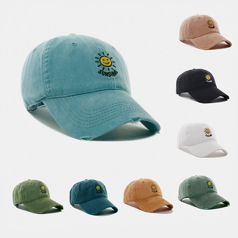 Cappellino Da Baseball Cotone Lavato Protezione Solare Strappato Ricamo Sole Smiley Sunshine Retrò Casual Uomo Donna