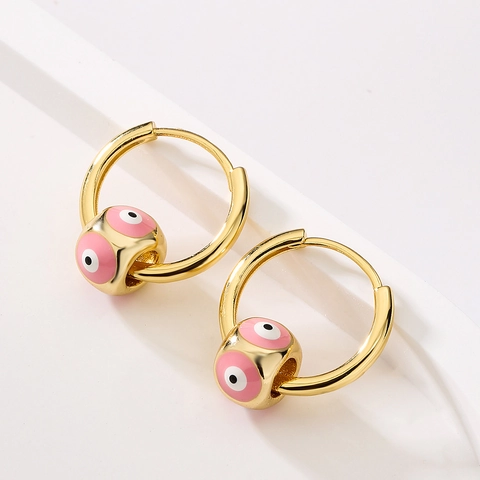 Boucles D'oreilles Créoles Mauvais Œil En Cuivre Plaqué Or Véritable Émail Charmes Cube Bijoux Vintage Pour Femmes