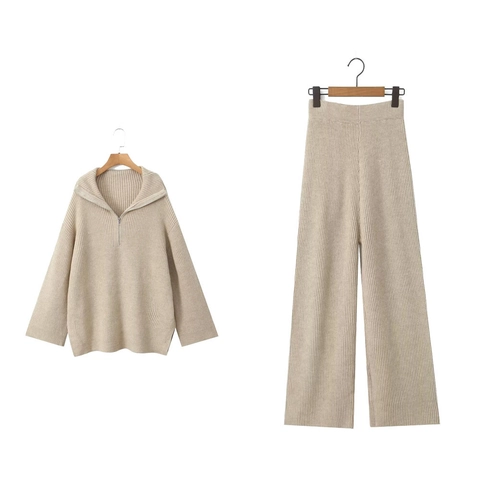 Damen Strickpullover Mit Viertel Reißverschluss Und Weite Hose Mit Hoher Taille Rippstrick Langarm Lounge Outfit