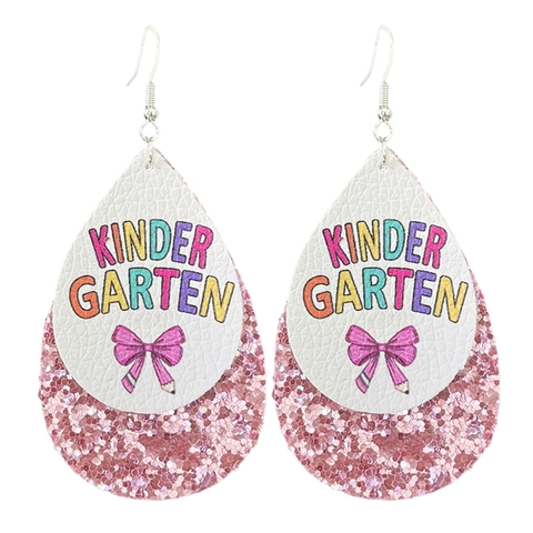 Teardrop Earrings Double Layer PU Leather Pink Glitter Back To School Grade Level Print Fashion For Women Teacher