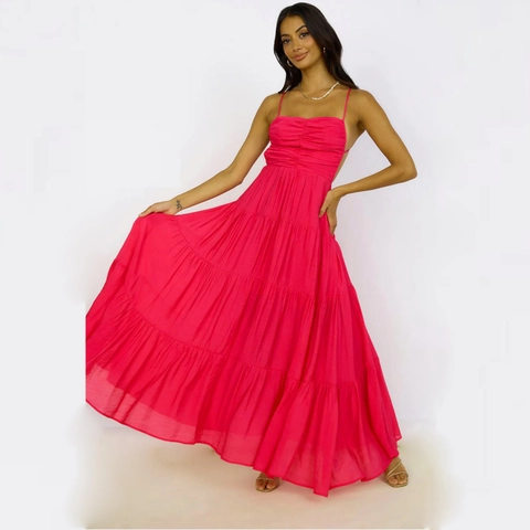 Vestito Maxi Sexy Schiena Scoperta Donna Vacanze Estive Cotone Arricciato A Balze Spalline Sottili Stile Boho