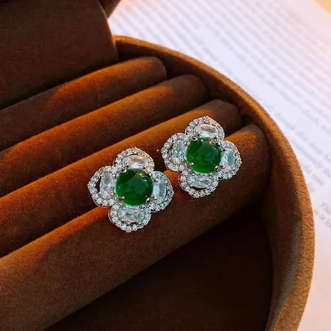 Pendientes De Botón De Flor Lujo Vintage Piedra Verde Circón Cobre Con Poste De Plata Esterlina 925 Joyería De Moda