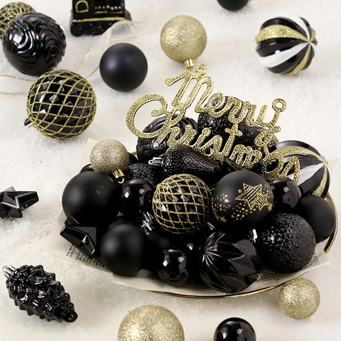 Kerstboomversieringen Hangende Decoraties Zwart Goud Plastic Glitter Mat Glanzend Sterren Trein Voor Vakantie Feest Huisdecoratie