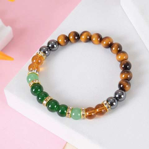 Tiger Eye Citrine Green Agate Hematite Beaded Bracelet Wealth Prosperity Good Luck Elastic Unisex Jewelry