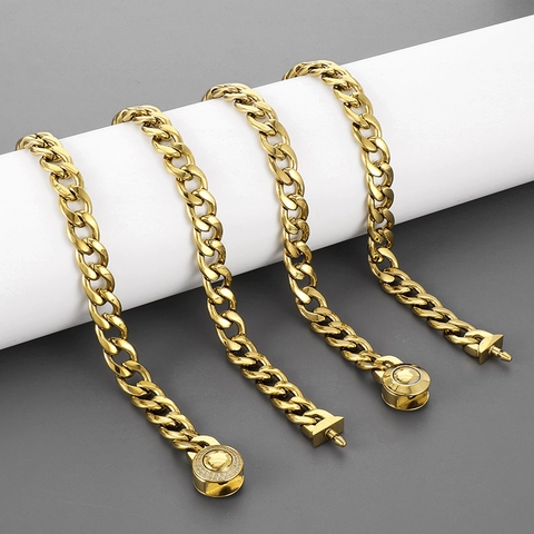 Men Hip Hop Cuban Link NK Chain Necklace Bracelet Titanium Stainless Steel Rhinestone Round Clasp Punk Jewelry