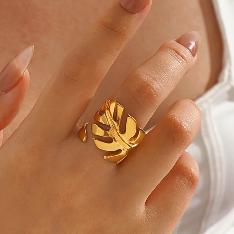 Anillo Hoja De Monstera Acero Inoxidable Dorado Ajustable Joyería De Moda Para Mujer