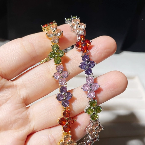 Bracelet Trèfle À Quatre Feuilles En Zircon Coloré Pour Femme Laiton Plqué Or 18K Bijoux De Niche Élégants