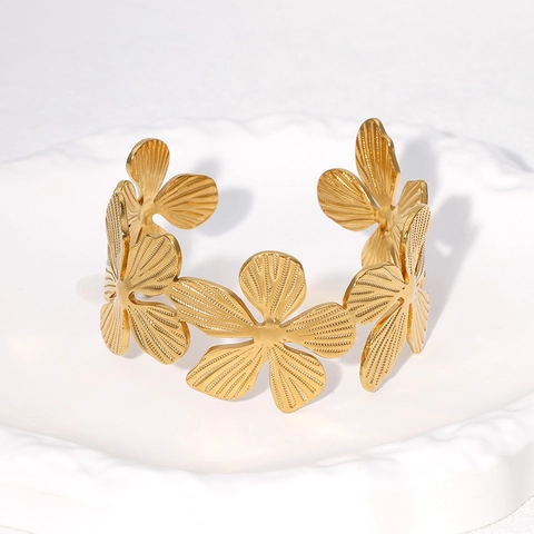 Hollow Flower Open Bangle Bracelet Stainless Steel 18K Gold Plated Adjustable Minimalist Jewelry For Women