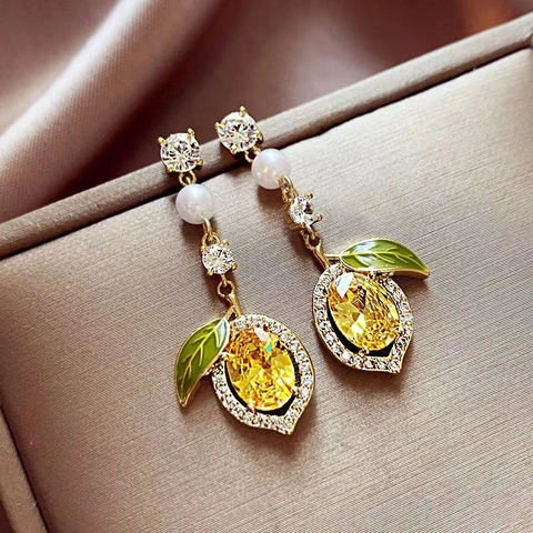 Lemon Enamel Rhinestone Earrings For Women Sweet Yellow Fruit Artificial Pearl Drop Earrings Gold Tone Alloy Stud Earrings Fresh Jewelry