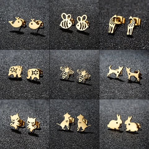 Cute Animal Stud Earrings Stainless Steel Hollow Heart Whale Bee Giraffe Cat Rabbit Minimalist Jewelry For Women
