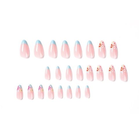 Press On Nagels Franse Blauwe Tip Bloemenpatroon Amandelvorm Glanzende Kunstnagels Voor Vrouwen Meisjes Nagelkunst
