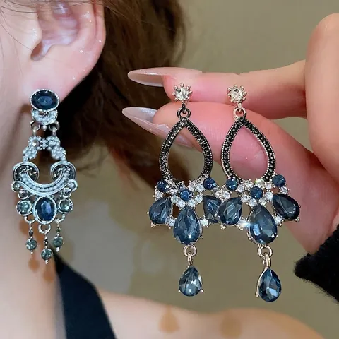 Vintage Dangle Earrings With 925 Sterling Silver Earring Post Blue Rhinestone Imitation Artificial Pearl Tassel Palace Style