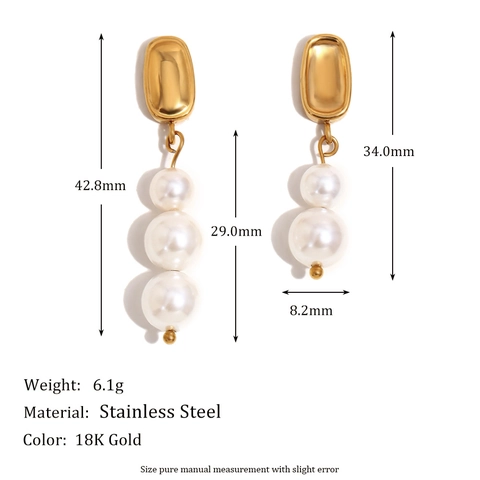 Asymmetric Artificial Pearl Earrings 18K Gold Plated Stainless Steel With Stainless Steel Earring Post Vintage Elegant Jewelry For Women