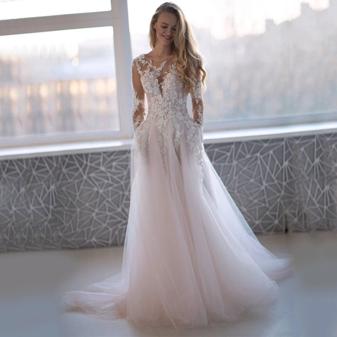 Elegante Abito Da Sposa Maniche Lunghe Scollo V Pizzo Rete Linea A Strascico Boho Per Fidanzamento Matrimonio Spiaggia