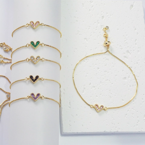 Bracciale Cuore Rame Zirconia Cubica Placcato Oro Chiusura Scorrevole Regolabile Catena A Scatola Per Donna Regalo