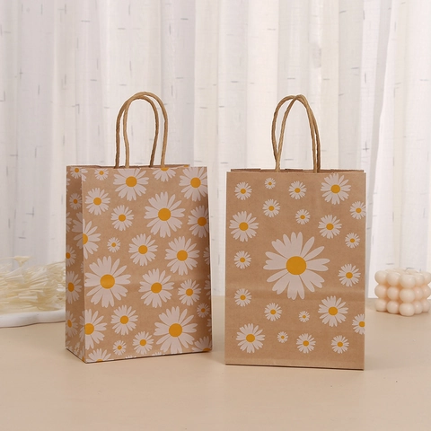 Bolsa De Regalo De Papel Kraft Con Estampado De Margaritas Con Asa Patrón Floral Bolso De Embalaje Para Bodas Cumpleaños Fiestas Compras