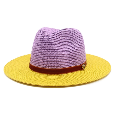 Kontrastfarbener Fedora Strohhut Panama Sonnenschutz Atmungsaktiv Strand Sommer Urlaub Jazz Kappe Damen