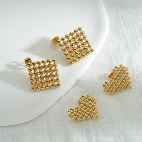 Pendientes de Botón de Acero Inoxidable Minimalistas en Oro para Mujer Estilo Geométrico de Corazón y Cuadrado Joyería Moda