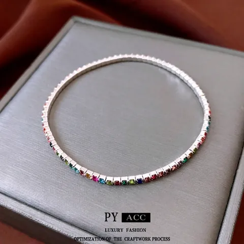 Colorful Rhinestone Tennis Bracelet Elastic Copper Single Row Rainbow Crystal Bangle For Women Fashion Jewelry