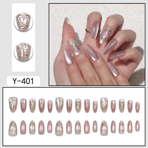 Uñas Postizas Almendradas Efecto Ojo De Gato Rosa Oro Rosa Metálico Con Acentos Lazo 3D Corazón Estilo Elegante Dulce