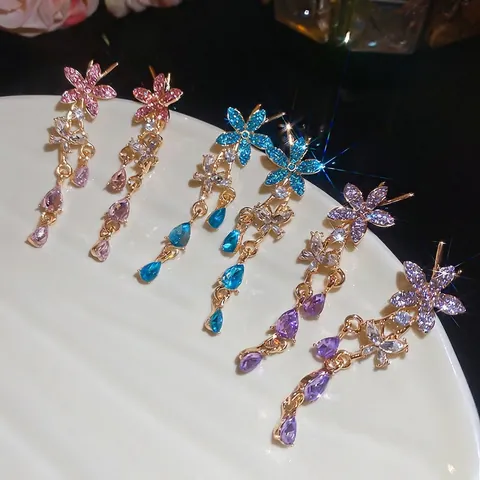Pendientes Largos De Borla Flores Mariposas Gotas Poste Plata De Ley 925 Aleación Diamantes De Imitación Joyería Elegante Mujer