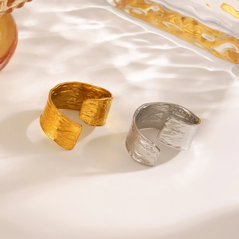 Anello Largo Con Texture Martellata In Acciaio Inossidabile Regolabile Gioielli Di Moda Geometrici Per Donne