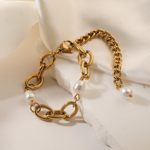 Vintage 18K Gold Plattiertes Edelstahl Künstliche Perlenarmband Für Damen Asymmetrische Gliederkette Luxus Minimalistischer Stil