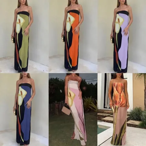 Trägerloses Maxikleid Blumen Abstrakt Druck Schlanke Passform Tube Langes Kleid Für Frauen Sommer Urlaub Party Kleidung