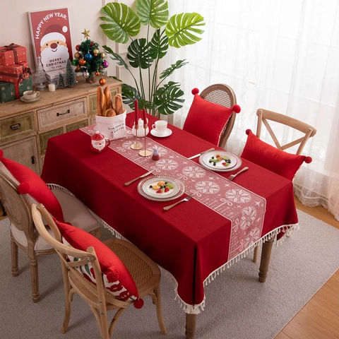 Nappe De Noël Rouge Renne Flocon De Neige Polyester Imitation Lin Franges Gland Rectangulaire Antipoussière Décor De Table De Fête