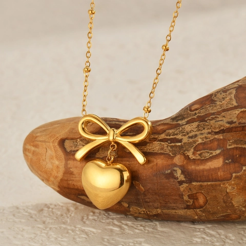French Vintage Bowknot Heart Necklace Earrings Ring Set Elegant Gold Silver Stainless Steel Jewelry For Women Daily Accessories