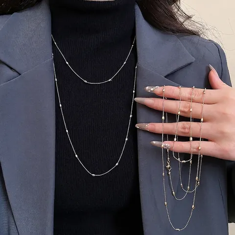 Collier Long Minimaliste À Perles De Riz Chaîne Satellite Pour Femmes Bijoux Géométriques En Fer Plaqué Accessoire Pull