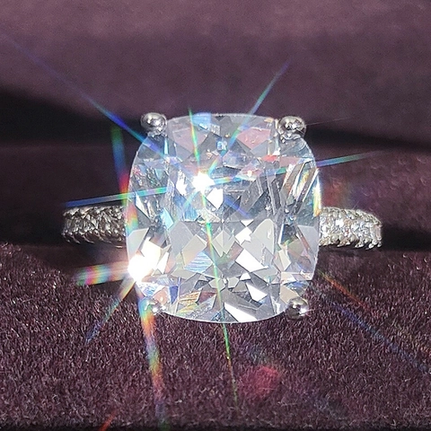 Luxury Copper Cushion Cut Rhinestone Engagement Ring For Women Elegant Silver Tone Wedding Party Anniversary Fashion Jewelry