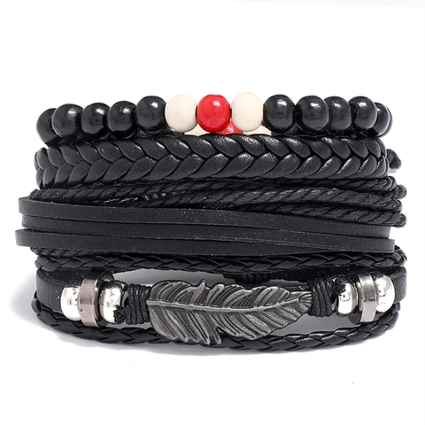 Pulsera Multicapa Retro Cuero Trenzado Cuerda De Cáñamo Cuentas De Madera Colgante Pluma Metal Ajustable Punk Bohemia